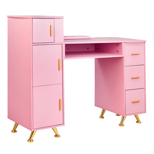 Vanity Desk with Drawer and Storage Cabinets Manicure Table with Wrist Rest Cushion for Spa Beauty Salon Bedroom-Pink