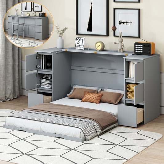 Full Size Murphy Bed with Drawers, Cabinets and USB Ports,Gray