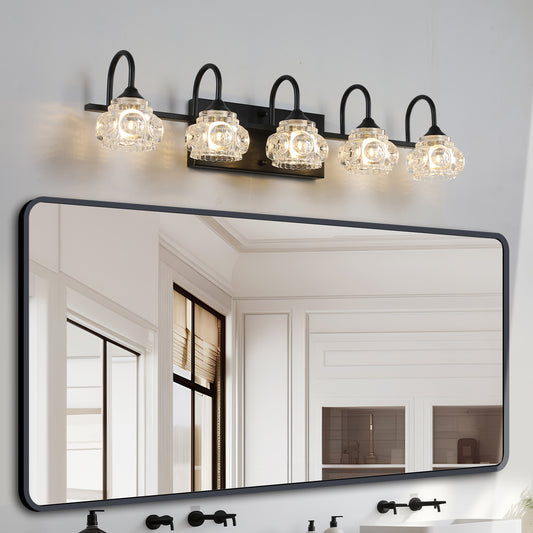 29' Retro 5-Light Bathroom Vanity Light Fixture - Black Finish with Crystal Glass Shades, Wall Mounted Lighting for Bathroom, Powder Room, and Vanity Mirror (No Bulbs)