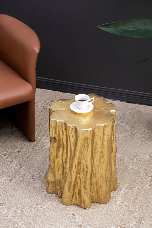 13.5x13x20' Unique Golden Tree Trunk Stool, Antique Gold Distressed Accent Side Table