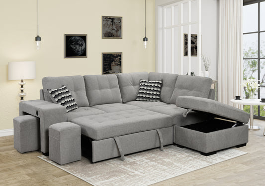 Sectional Pull Out Sofa Bed 101' Reversible L-Shaped Corner Sleeper Upholstered Couch with Storage Ottoman, 2 Pillows,USB Ports,2 Stools for Living Room Furniture Sets,Apartments, Light Gray