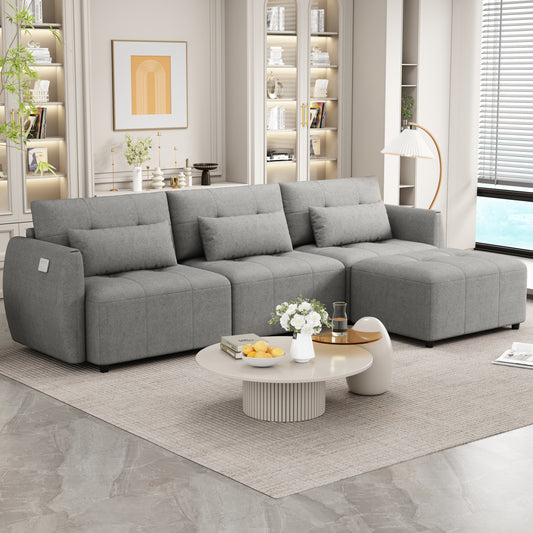 113.3' Convertible Sectional Sofa Couch 3-Seat L-Shaped Sofa with Movable Ottoman and  USB for Apartment, Living Room, Bedroom, Grey