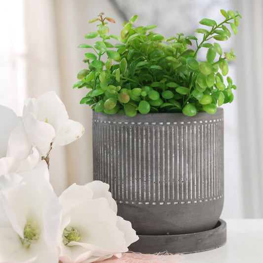 6' LINE PATTERN PLANTER W/ SAUCER, GRAY