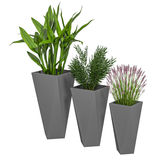 Outsunny Set of 3 Tall Planters, 28.75', 24.5', 20.5', MgO Indoor Outdoor Planters with Drainage Holes, Stackable Flower Pots for Garden, Patio, Balcony, Front Door, Gray