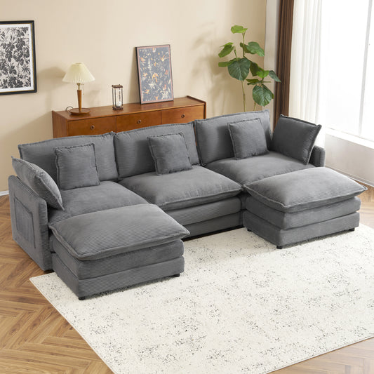 112.6' Modern Sofa Modular Sofa Couch Upholstered Corduroy L-Shape Sectional Sofa with Side Storage Pockets for Living Room, Dark Grey