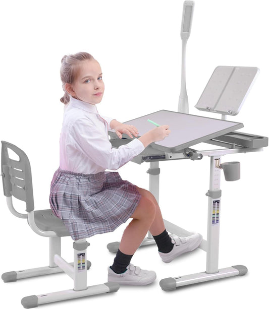 Desk for Kids Desk and Chair Set Kids Art Desk Drafting Table Desk Set with Adjustable Height, 40-Degree Tiltable Children Desktop, LED Light, Bookstand, Gray