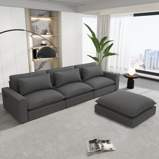 128' Sectional Sofa Cloud Sofa Chenille Upholstered Sofa  Couch with Movable Ottoman, Comfortable Seat Cushions, Charging Ports and Three Back Pillows for Living Room, Grey