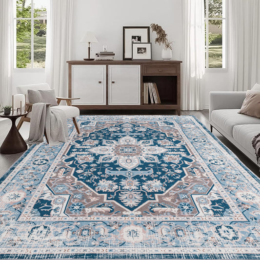 Area Rug 8x10 Vintage Bohemia Large Persian Non-slip Washable Rug For Living Room Kitchen Bedroom Living Room Flower Design Blue