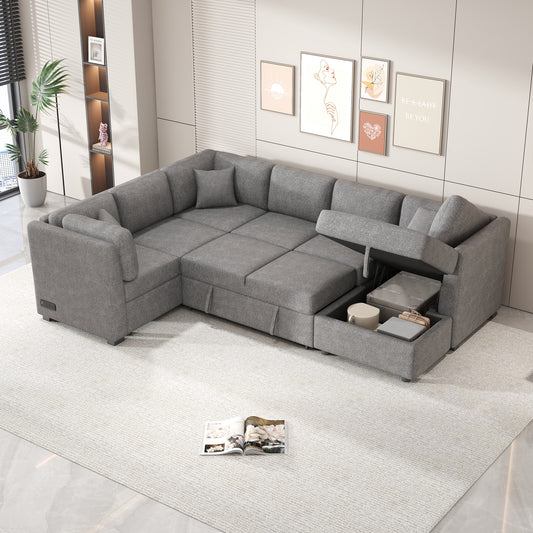 108.6' U-shaped Sectional Sofa Pull out Sofa Bed with Two USB Ports, Two Power Sockets, Three Back Pillows and a Storage Chaise for Living Room, Light Gray