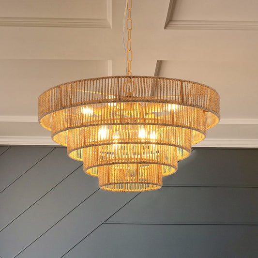 (Same as W1340P155977/L1019-5) 24' Modern 5-Layer Woven Hemp Rope Chandelier, Boho Style Pendant Light, Elegant Hanging Light Fixture for Living Room, Dining Room, Bedroom (No Bulbs)