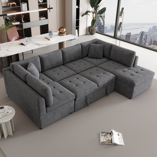 117.3' Oversized Sectional Sofa U- shaped Sofa Couch Pull-out Sofa Bed with Two Throw Pillows for Living Room, Gray