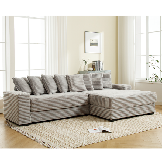 [NEW ARRIVED] [VIDEO PROVIDED] Oversized Two-Piece Couches, L Shaped Sofa, Corduroy, Right Chaise Daybed,with Armrests,Eight Throw Pillows,Corner Sofa,Easy To Assemble, Gray