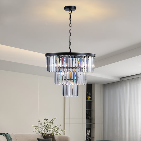 (Same as W1340102277/L5007) 20' Luxury 3-Tier Crystal Chandelier, 7-Light Black Frame Pendant Light, Elegant Ceiling Lighting for Living Room, Dining Room, Bedroom (No Bulbs)