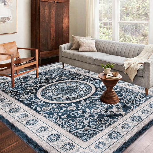 Area Rug 8x10 Vintage Bohemia Large Persian Non-slip Washable Rug For Living Room Kitchen Bedroom Living Room Flower Design Navy Blue