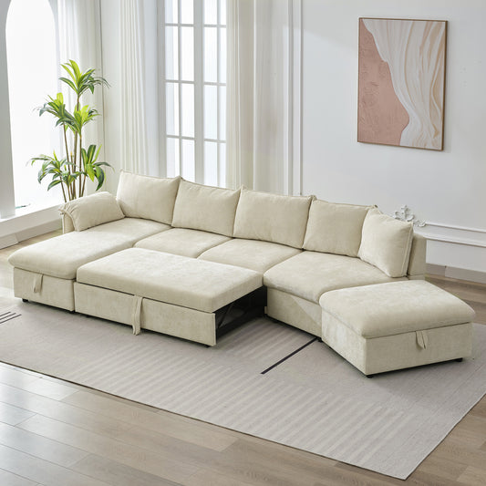 146.9' L-shaped Sofa Sectional Sofa Couch Pull-out Sofa Bed with a Movable Storage Ottoman, a Storage Chaise Lounge and Two USB Ports for Living Room, Beige