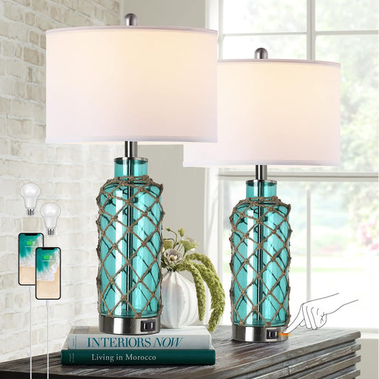 Cottage Nautical Accent Table Lamp Set of 2, Touch Coastal Blue Green Glass Rope Net Bedside Lamp with USB C+A Fast Charging Ports, 3-Way Dimmable Nightstand Lamps White Shade for Living Room Bedroom