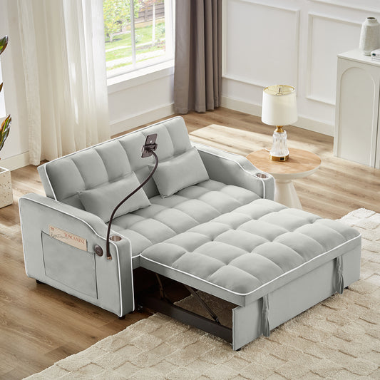 1 versatile foldable sofa bed in 3 lengths, modern sofa sofa sofa velvet pull-out bed, adjustable back and with USB port and ashtray and swivel phone stand (grey)