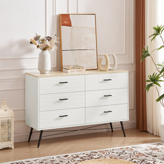 6 Drawer Dresser for Bedroom with Deep Drawers, Wood Dressers & Chest of Drawers, Modern White Long Dressers for Closet Living Room, 47.2'W x 15.7'D x 31.5'H, White & oak