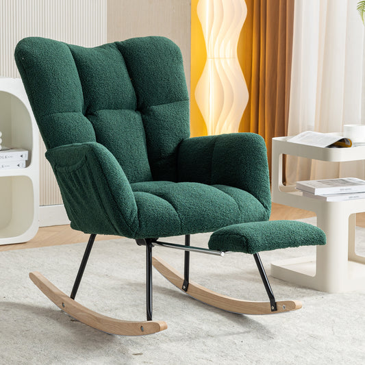 053-Teddy Fabric Rocking Chair With Adjustable Footrest,Green