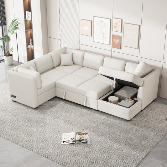 108.6' U-shaped Sectional Sofa Pull out Sofa Bed with Two USB Ports, Two Power Sockets, Three Back Pillows and a Storage Chaise for Living Room, Beige