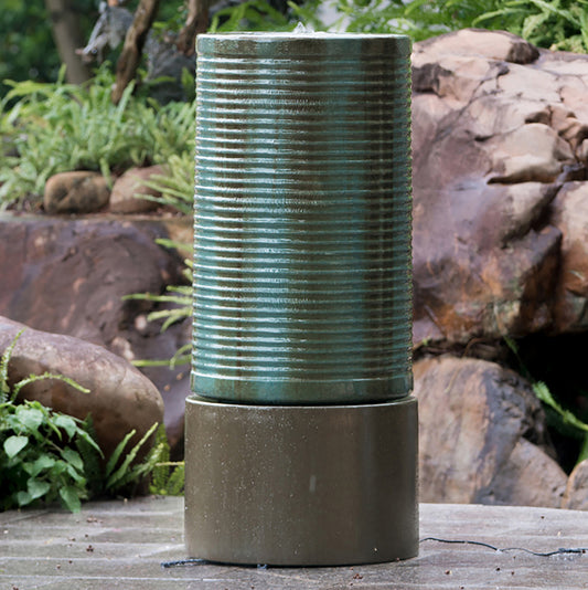 19.5x19.5x43.5' Large Concrete Cylinder Green & Brown Ribbed Water Fountain, Outdoor Bird Feeder / Bath Fountain, Modern Industrial Style