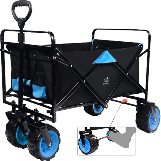 Collapsible Heavy Duty Beach Wagon Cart Outdoor Folding Utility Camping Garden Beach Cart with Universal Wheels Adjustable Handle Shopping (Black＆Blue)