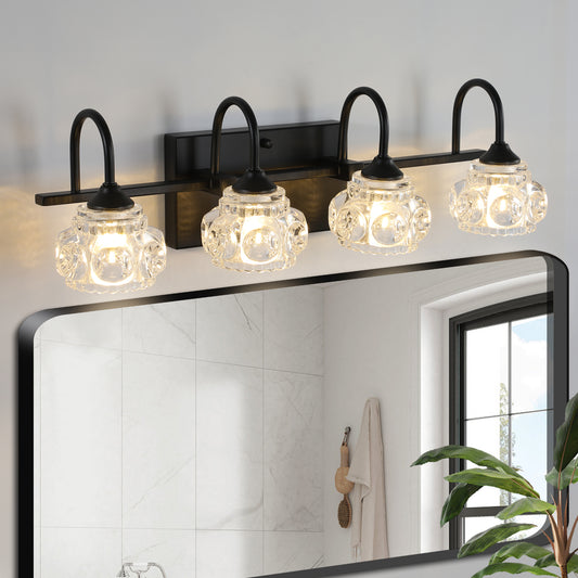 23' Retro 4-Light Bathroom Vanity Light Fixture - Black Finish with Crystal Glass Shades, Wall Mounted Lighting for Bathroom, Powder Room, and Vanity Mirror (No Bulbs)