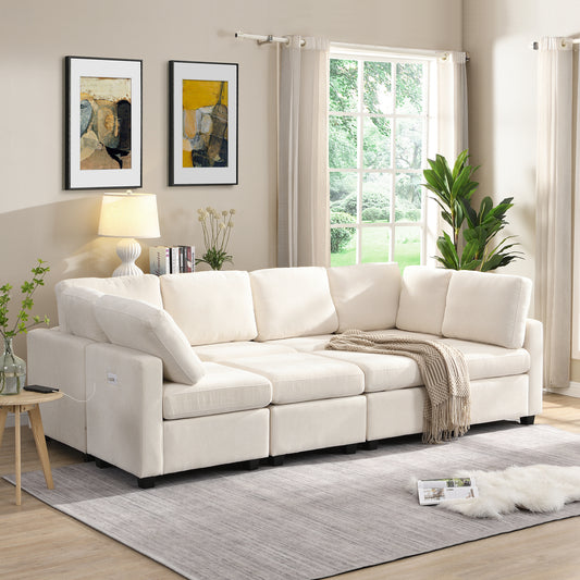 103' Sectional Sofa Couch Sofa Bed U-shaped Sofa with Two Movable Ottoman and Three USB Ports for Living Room, Beige