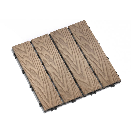 Patio Floor Tiles Pack of 11  WPC Wood-Plastic Composite Patio Deck Tiles DIY Interlocking Decking Tiles, Quick Deck Floor Tile, Court Tile, Water Resistant Indoor Outdoor -11.8' 3D TEAK