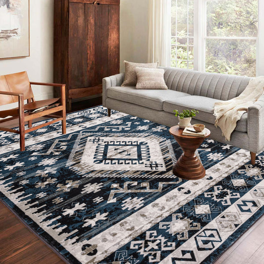 Area Rug 8x10 Vintage Bohemia Large Persian Non-slip Washable Rug For Living Room Kitchen Bedroom Living Room Geometry Blue/Black