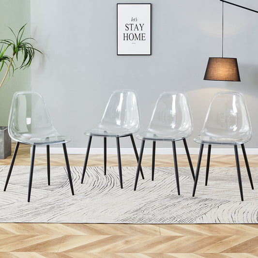 Modern minimalist transparent dining chair, plastic chair, armless crystal chair, Nordic creative makeup stool, negotiation chair, set of 4 pieces, black metal legs,TW-1200