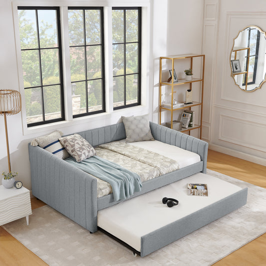 Full Size Daybed with Trundle Upholstered Sofa Bed, with Vertical Stripes, Linen Fabric, Grey (82.5'x58'x30')