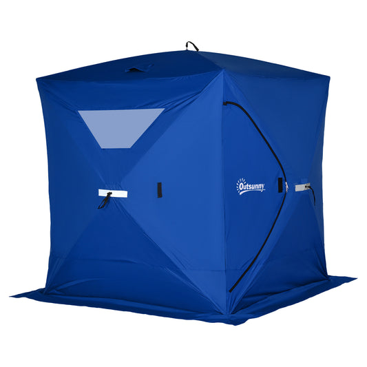 Outsunny 2-4 People Ice Fishing Shelter, Pop-Up Portable Ice Fishing Tent with Carry Bag, Two Doors, Windows and Vents, Ice Shanty for Winter Fishing, Blue