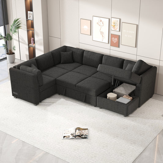 108.6' U-shaped Sectional Sofa Pull out Sofa Bed with Two USB Ports, Two Power Sockets, Three Back Pillows and a Storage Chaise for Living Room, Black