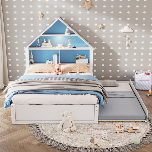 Full Size House-Shaped Bed with Bookcase Headboard and Led Light and Twin Size Trundle for Kids Boys Girls, Blue+ White