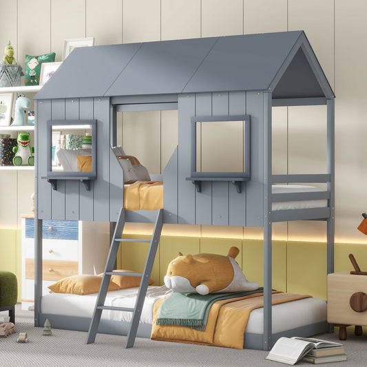 Twin Over Twin Bunk Bed Wood Bed with Roof, Window, Guardrail, Ladder Gray