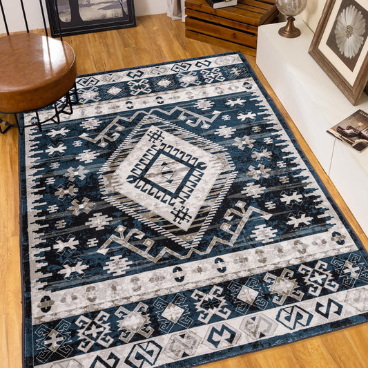 Area Rug 6x9 Vintage Bohemia Large Persian Non-slip Washable Rug For Living Room Kitchen Bedroom Living Room Geometry Blue/Black