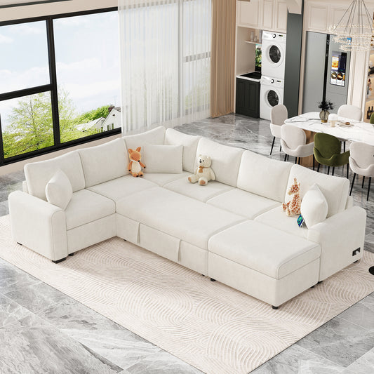 112.2' Sectional Sofa Pull-out Sofa Bed Sleeper with a Storage Ottoman,Three Pillows and Charging Devices for Living Room, Cream