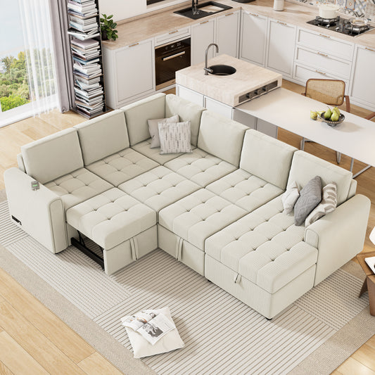 107.5' U-shaped Sofa Sectional Sofa Pull-out Sofa bed with a Storage Chaise Lounge, Charging Devices for Living Room, Beige