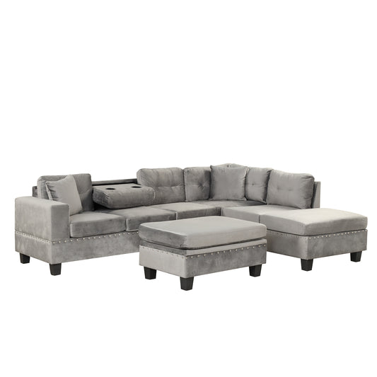 105' Modern Sectional Sofa with Storage Ottoman, L-Shape Couch with 2 Pillows and Cup Holder,Sectional Sofa with Reversible Chaise for Living Room,Gray