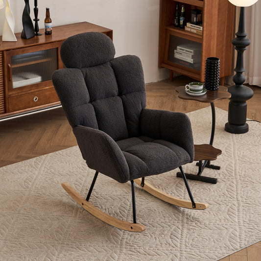 055-Teddy Fabric Upholstered Nursery Rocking Glider Chair Modern Accent Armchair Padded Seat with High Backrest and Pillow for Living Room Bedroom (Dark Gray)