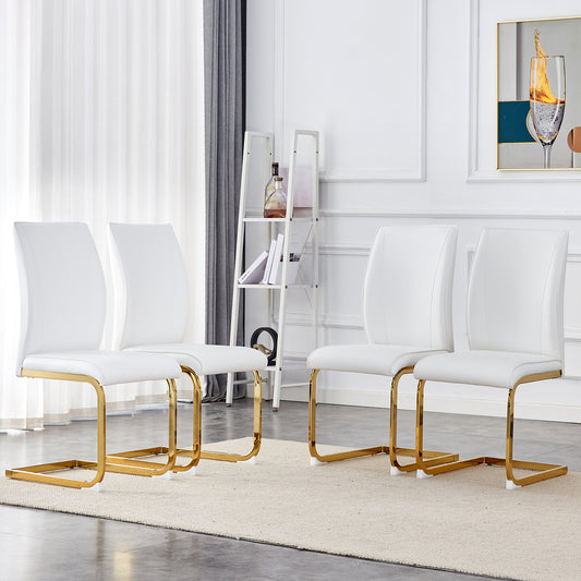 Luxury Simple Arch Chair - Set of 4 White PU Material High Resilience Dining Chair with Arched Metal Gold Leg.