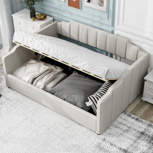 Upholstered Daybed with Underneath Storage,Full Size, White