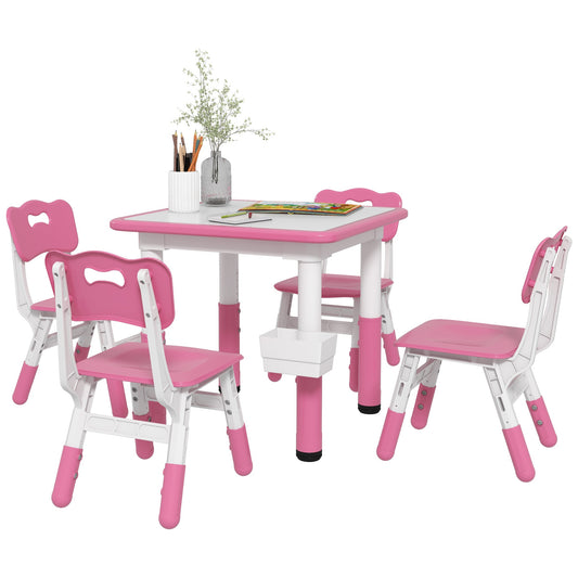 Qaba Kids Table and Chair Set, Height Adjustable 5 Piece Toddler Table and Chair Set with Storage Box, Easy to Wipe Activity Table with 4 Chairs for Ages 18 Months-5 Years, Pink