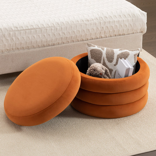 007-Velvet Fabric Storage Round Ottoman Footstool With Wooden Shelving,Orange