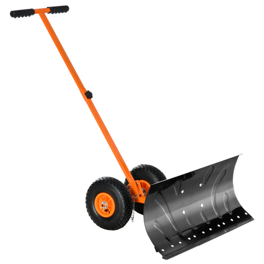 Snow Shovel with Wheels, Snow Pusher, Cushioned Adjustable Angle Handle Snow Removal Tool, 29' Blade, 10' Wheels, Orange