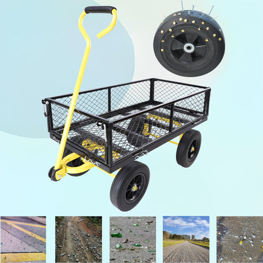 (Black +Yellow solid wheels wagon cart)Solid wheels Tools cart Wagon Cart Garden cart trucks make it easier to transport firewood