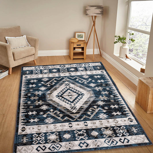 Area Rug 5x7 Vintage Bohemia Large Persian Non-slip Washable Rug For Living Room Kitchen Bedroom Living Room Geometry Blue/Black