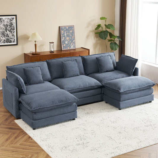 112.6' Modern Sofa Modular Sofa Couch Upholstered Corduroy L-Shape Sectional Sofa with Side Storage Pockets for Living Room, Blue