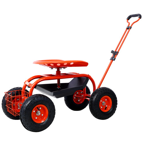 Garden Cart Rolling Scooter, Adjustable Height Heavy Duty Scooter, Rolling Garden Cart with 4 Wheels and Extendable Handle, Garden Stool Cart with 360-Degree Seat and Tool Tray (Red)